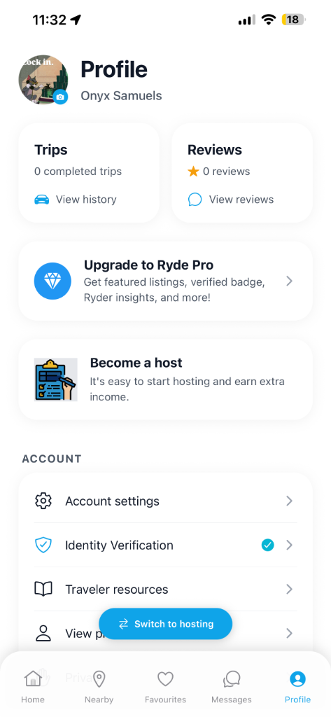 MyRyde User Profile Screen Mockup